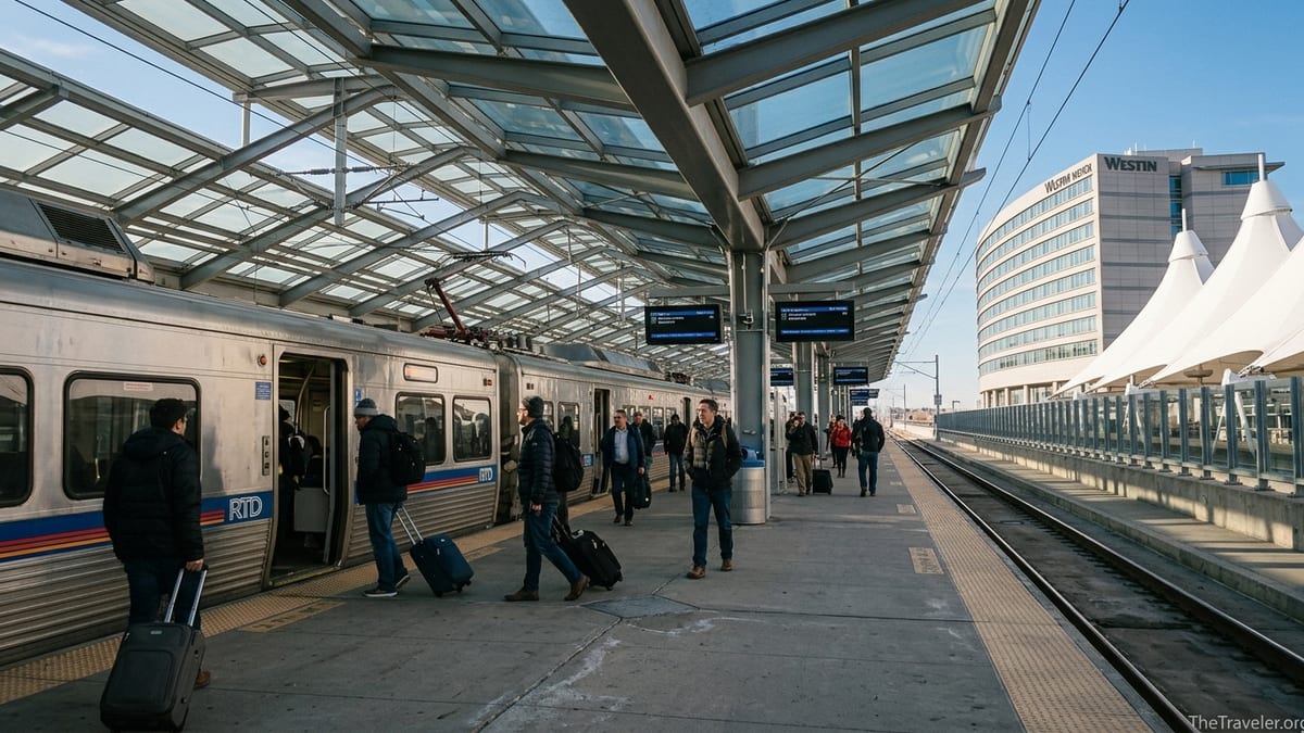 Passengers with luggage boarding the RTD A Line train at Denver Airport Station beneath the Westin hotel.