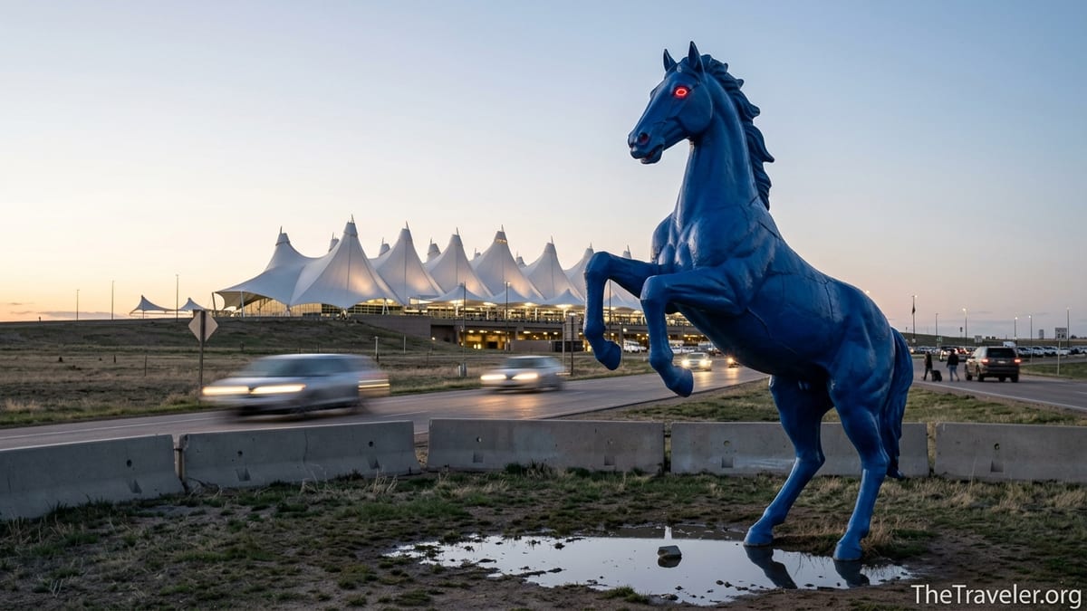 Blue Mustang statue rearing near Denver International Airport terminal at dusk