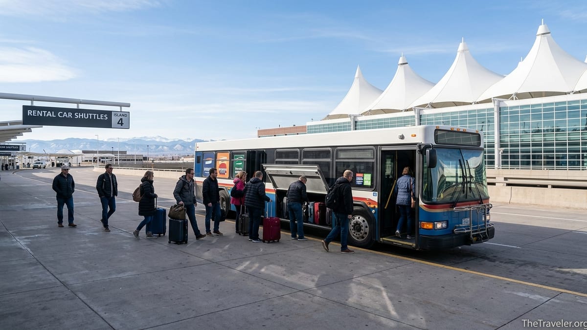 Travelers boarding a rental car shuttle outside Denver International Airport under a clear sky.