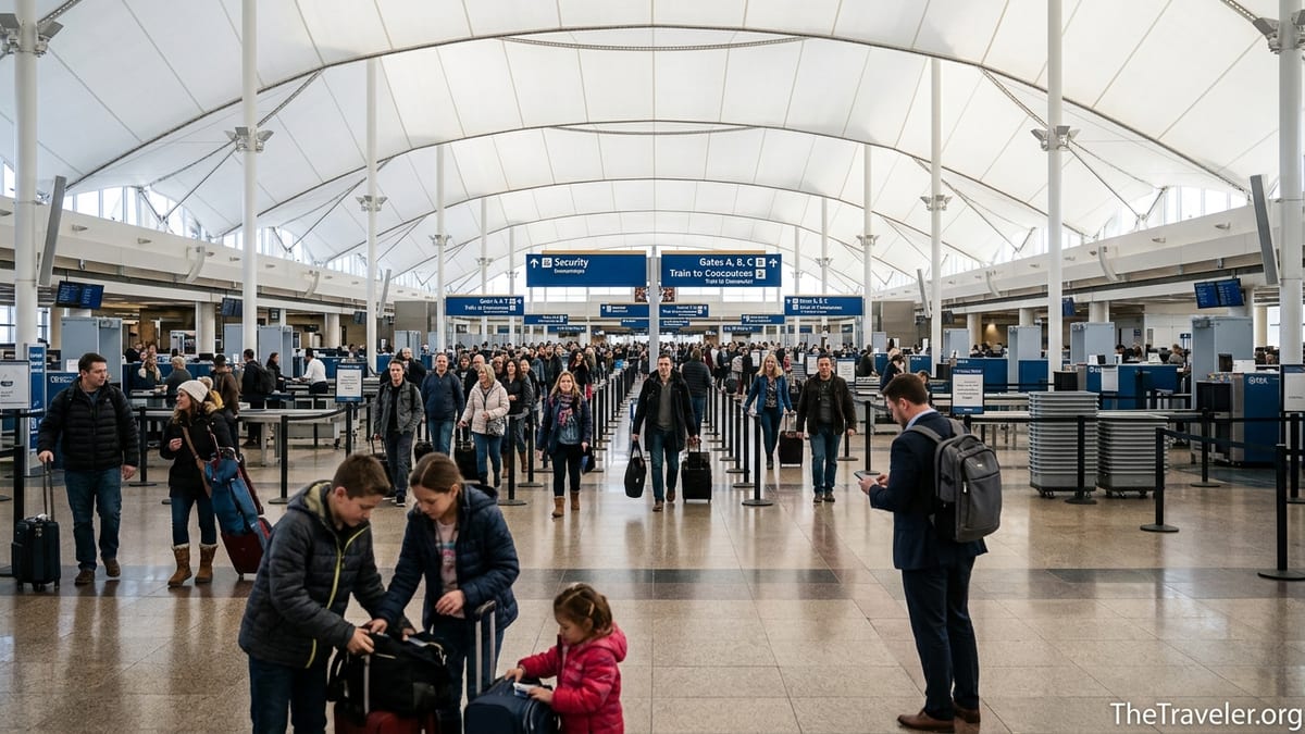 Travelers queue at Denver International Airport security under the white tented terminal roof.