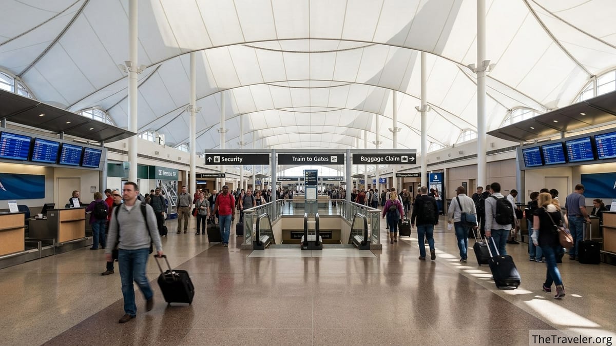 Travelers walking through Denver Airport’s Jeppesen Terminal toward security and the train to the gates.