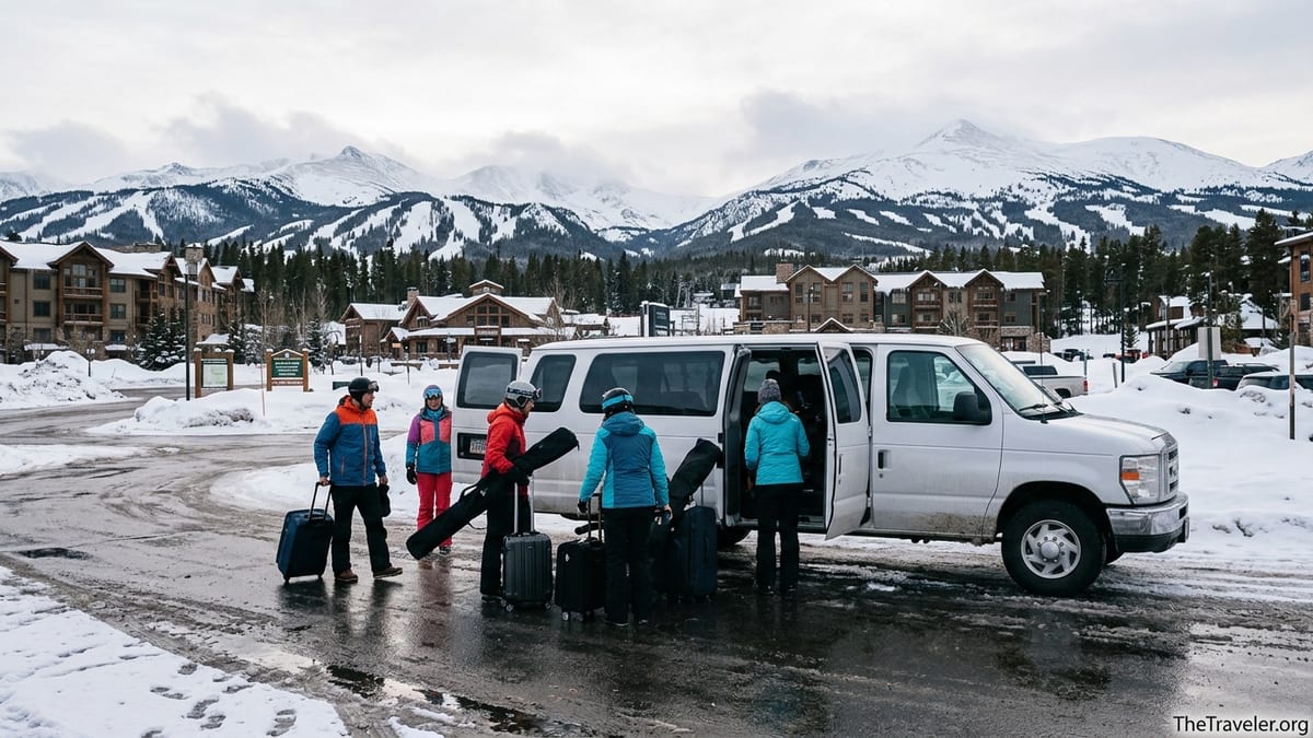 Shuttle van unloading skiers with luggage at Breckenridge gondola base in winter.