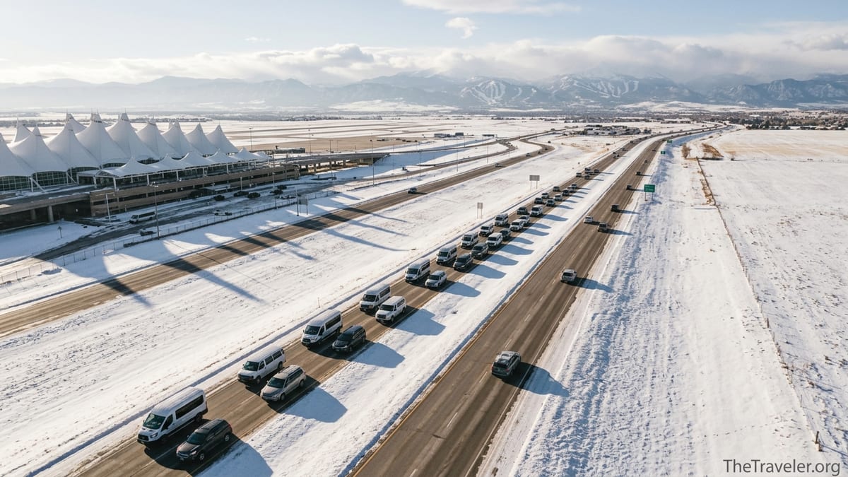 Winter traffic leaving Denver International Airport on snowy highway toward Colorado ski mountains.