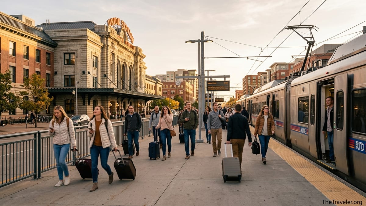 Passengers with luggage arriving on the A Line train at Denver Union Station at sunset.