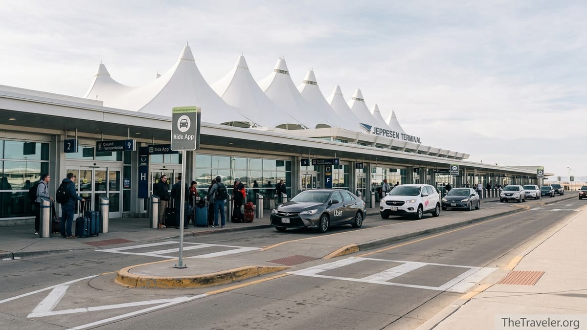 Travelers waiting at Denver International Airport rideshare pickup area on Level 5.
