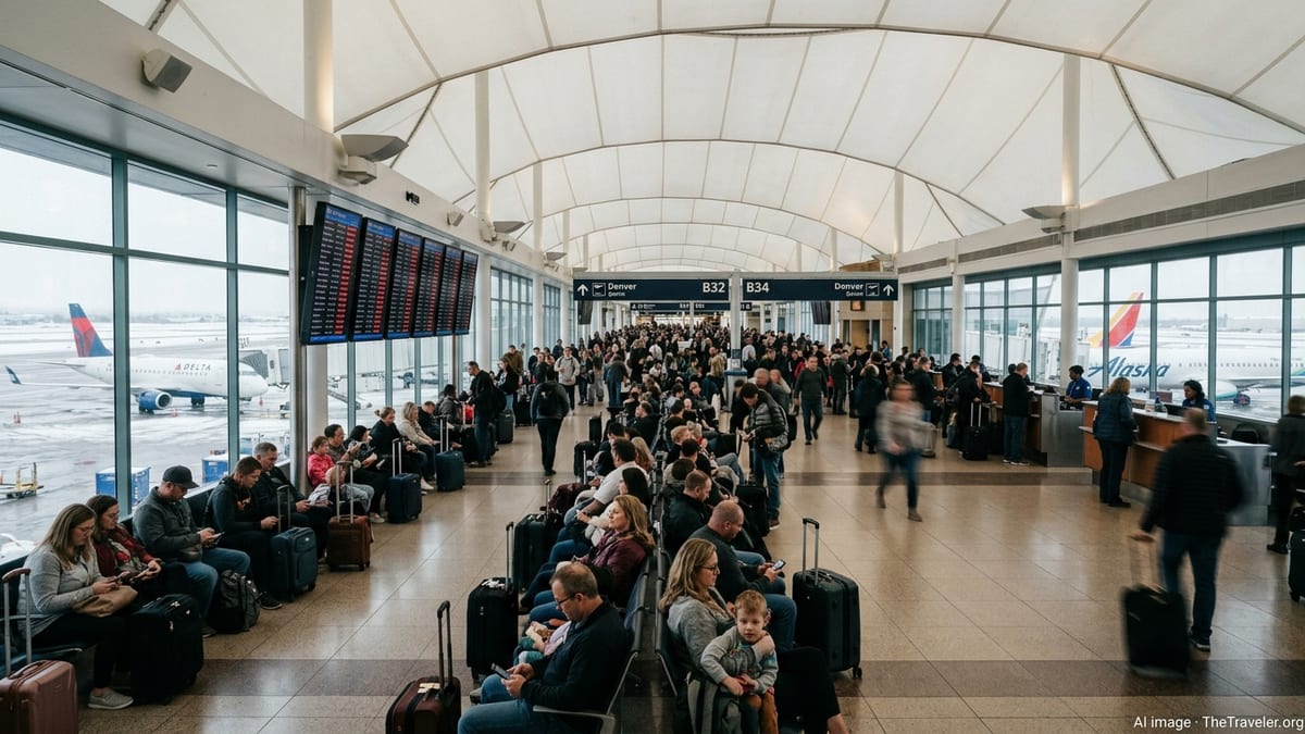 Crowded Denver International Airport concourse with stranded passengers and delayed flight boards.