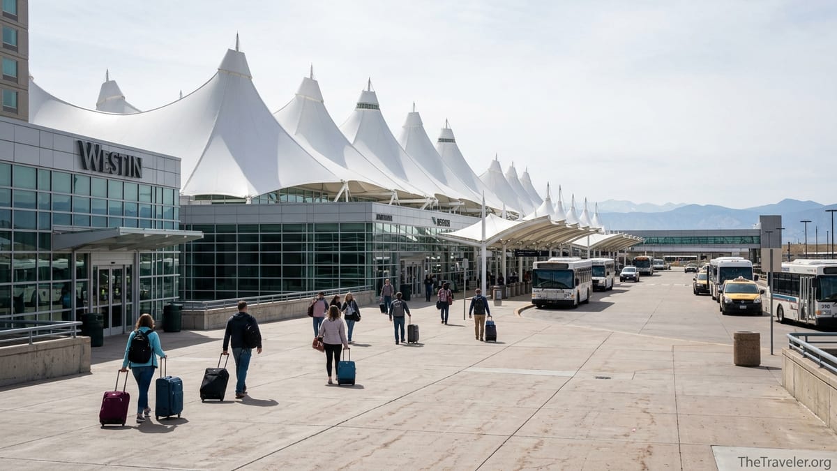 Travelers walking across the plaza toward Denver International Airport’s tented Jeppesen Terminal roof.