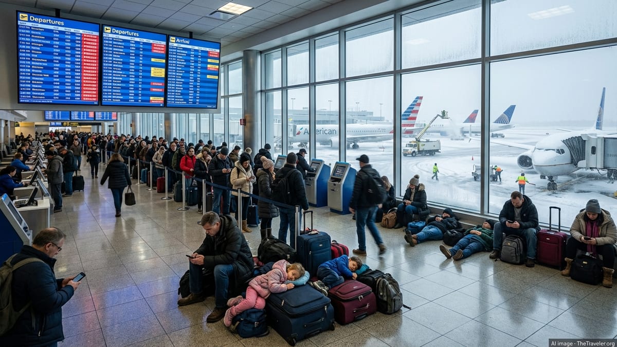 Travelers queue under departure boards of canceled flights in a snowy U.S. airport terminal.