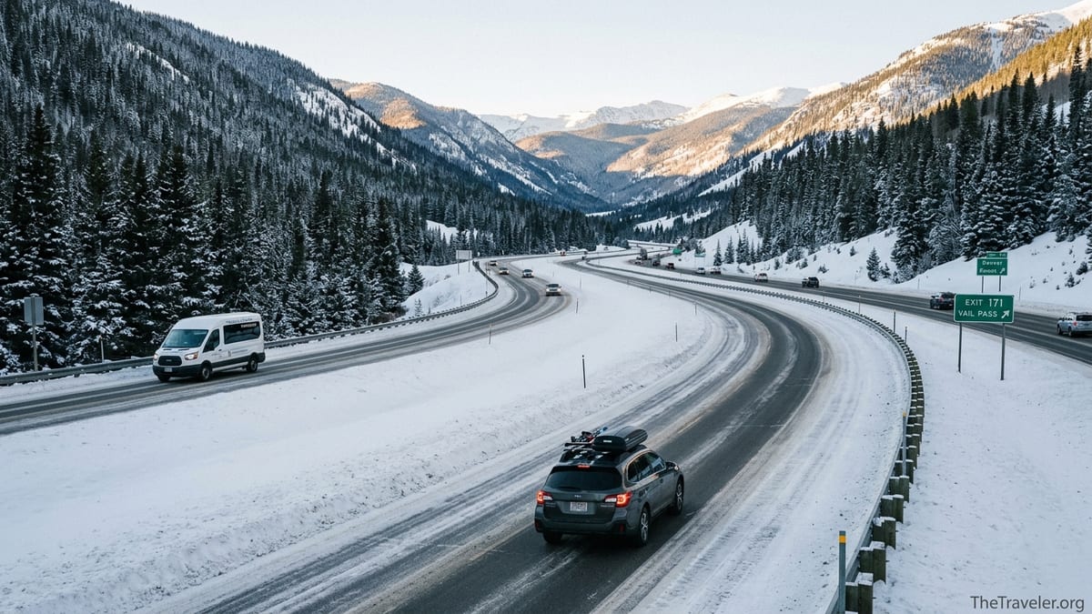 Winter traffic on snowy Interstate 70 between Denver and Vail with mountains in the background.