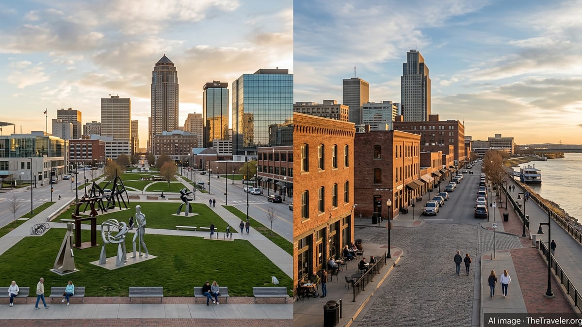 Golden hour view blending downtown Des Moines and Omaha with parks, brick warehouses and riverfront paths.