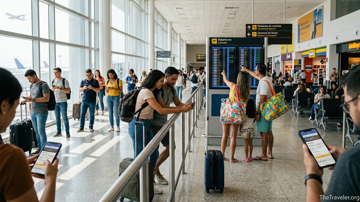 Latin American travelers using a mobile travel booking app in a busy airport terminal.