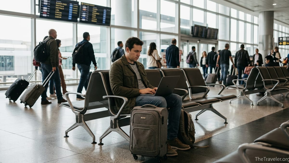 Traveler in a Latin American airport comparing online flight and hotel booking options on a laptop.
