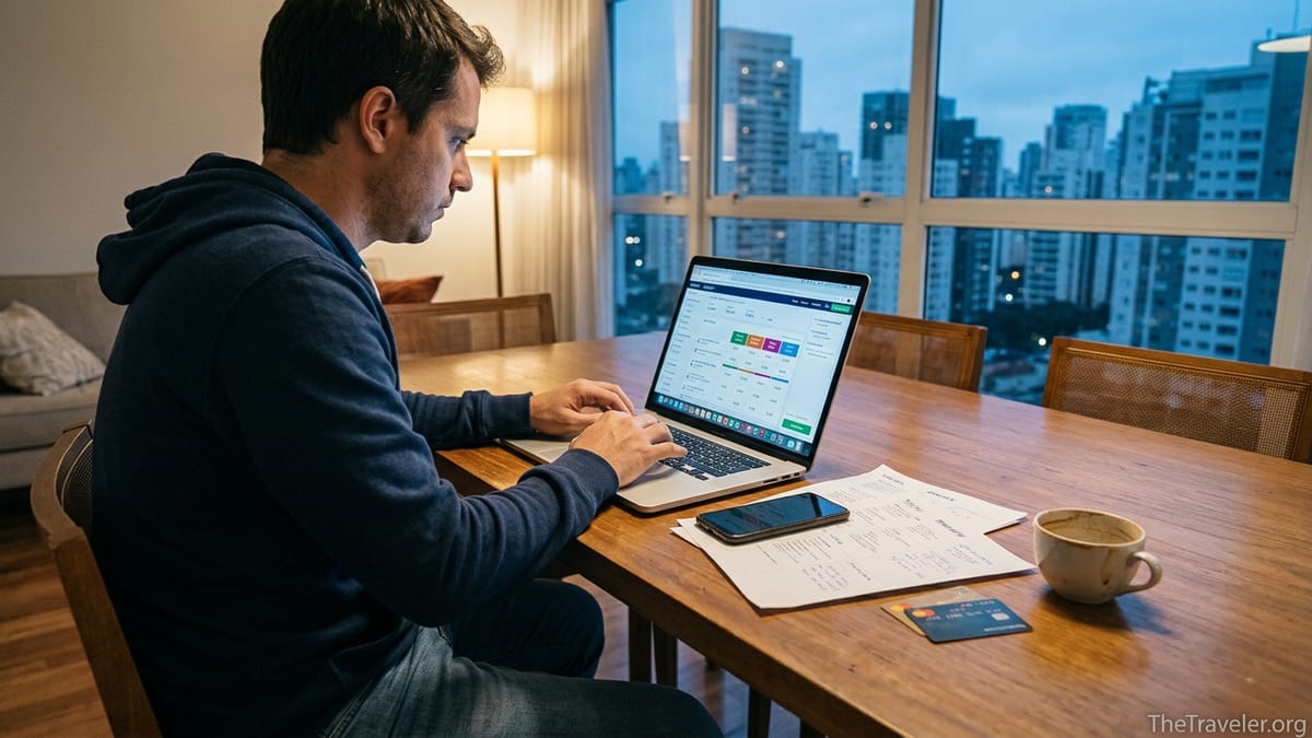 Traveler comparing fluctuating Despegar prices on a laptop at home at dusk.
