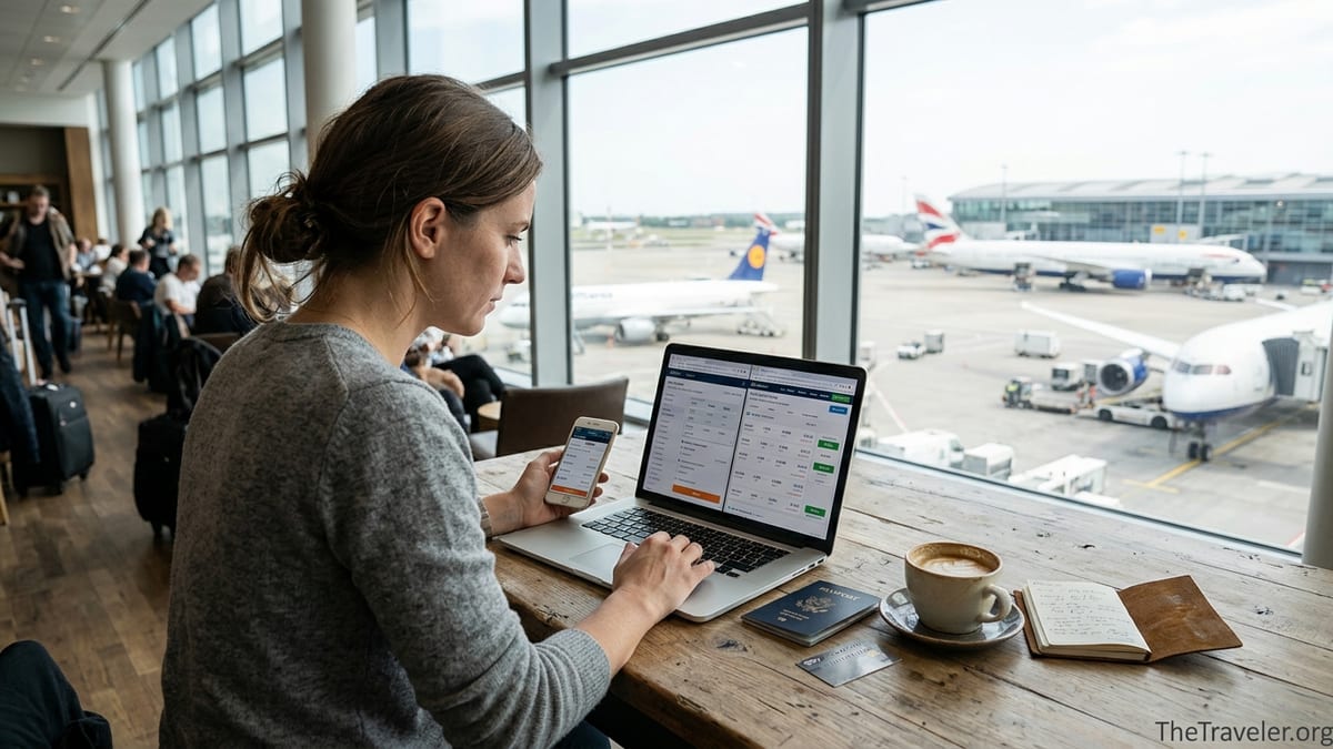 Traveler comparing prices on two booking platforms in an airport lounge.