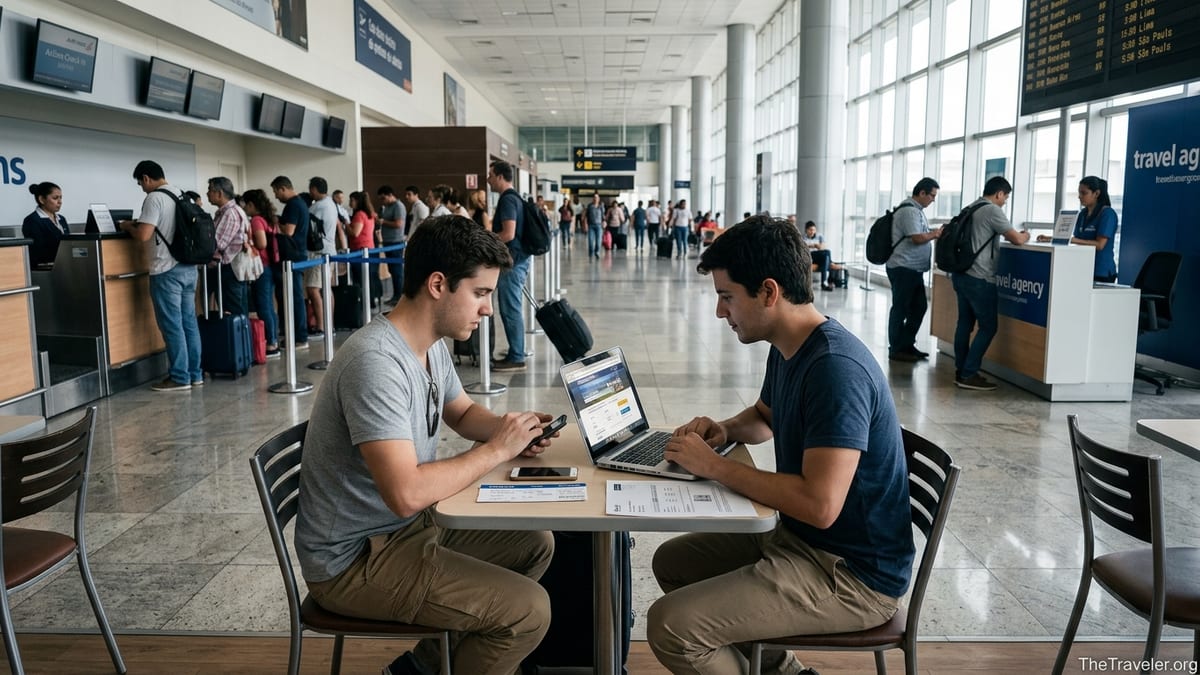 Travelers comparing an online agency and direct bookings on a laptop in a busy Latin American airport.