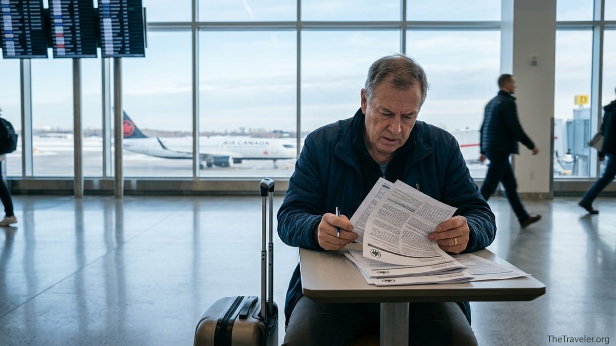 Older traveler at a Canadian airport reading fine print on travel insurance documents.