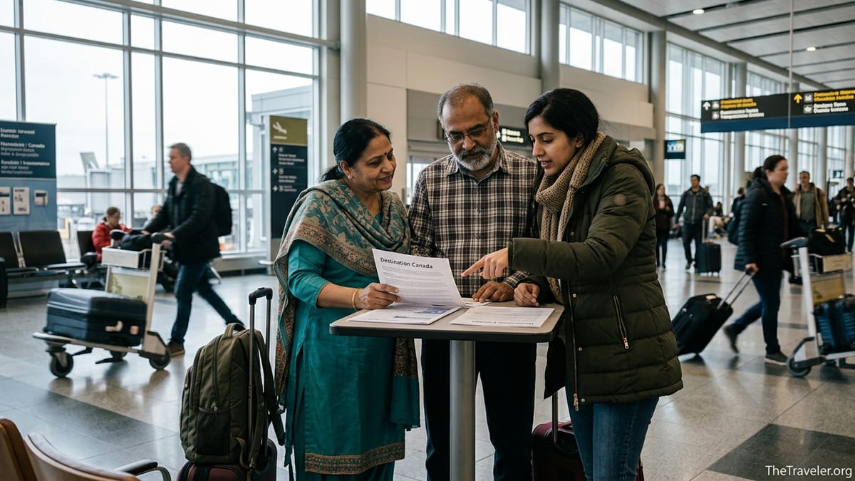 Traveler at Vancouver airport reviewing Canada travel insurance papers near arrivals hall.