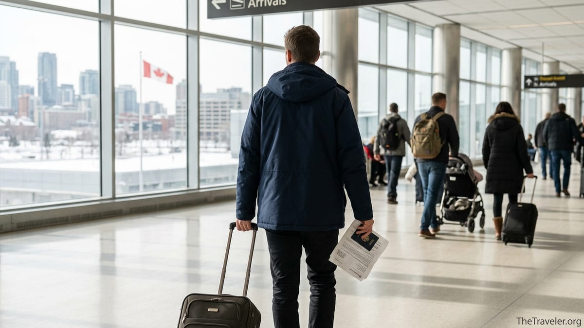 Traveler holding insurance papers and luggage in a Canadian airport arrivals hall with snowy city skyline outside.