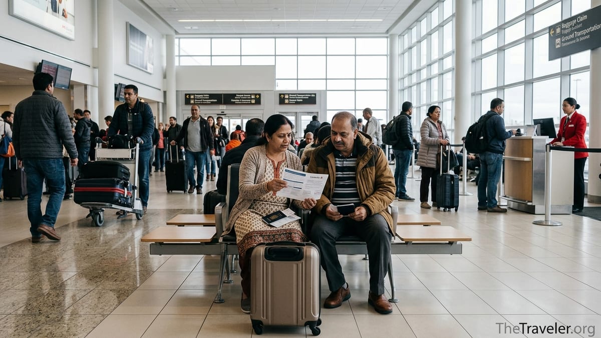 Couple at a Canadian airport reviewing travel insurance documents in the arrivals hall.