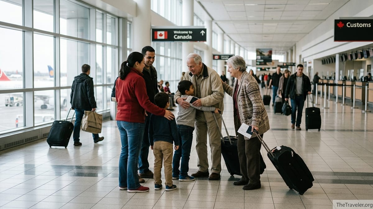 Older visitors arriving at a Canadian airport greeted by family in natural light