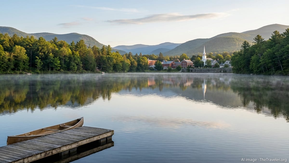 Calm mountain lake at sunrise reflecting a small historic town and forested hills.