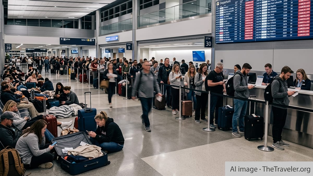 Crowded Detroit airport terminal with stranded travelers beneath a departure board full of cancelled flights.