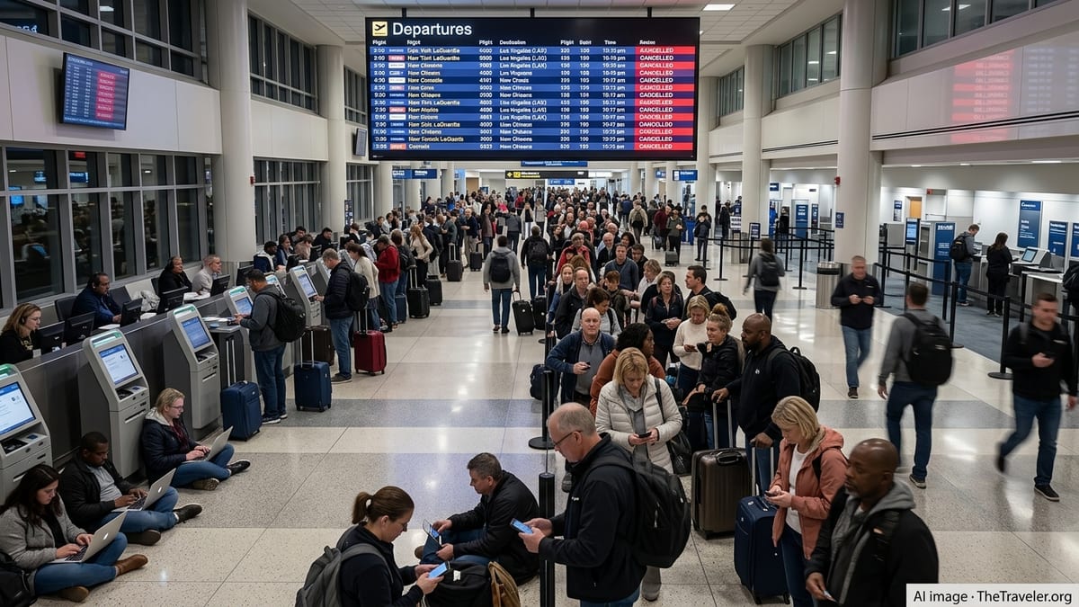 Crowded Detroit airport terminal with cancelled flights on departure boards and stranded passengers in long rebooking lines.