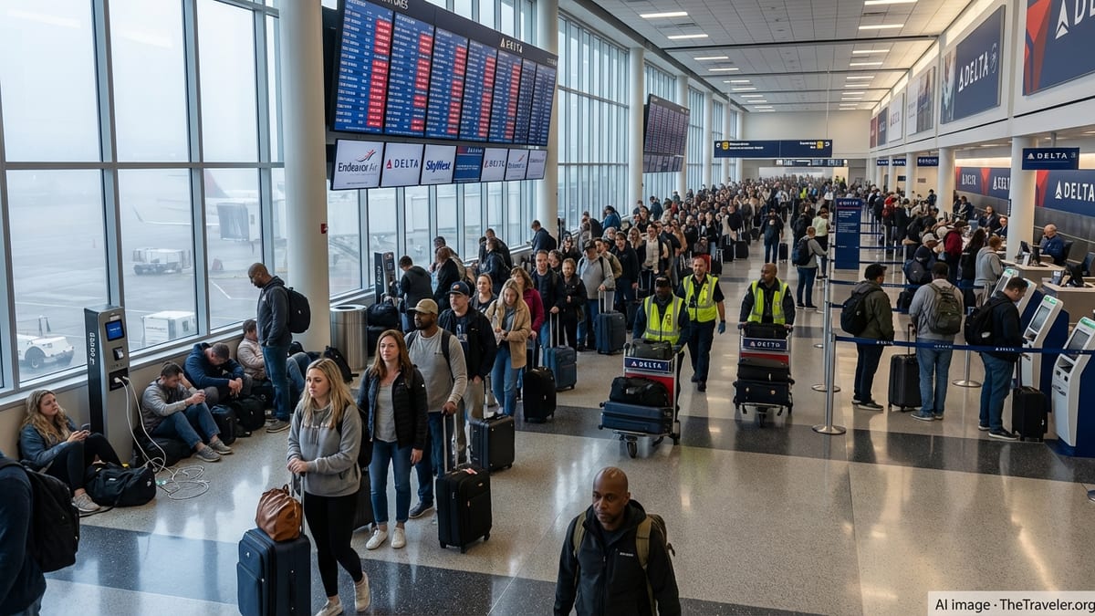 Crowded Delta concourse at Detroit Metro airport showing delayed flights and stranded winter travelers.