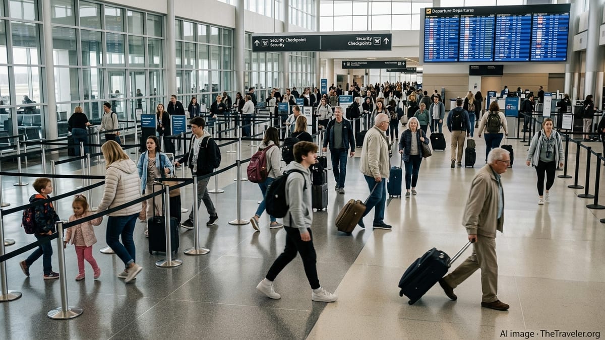 Travelers move steadily through security at Detroit Metro Airport during spring break without long lines.