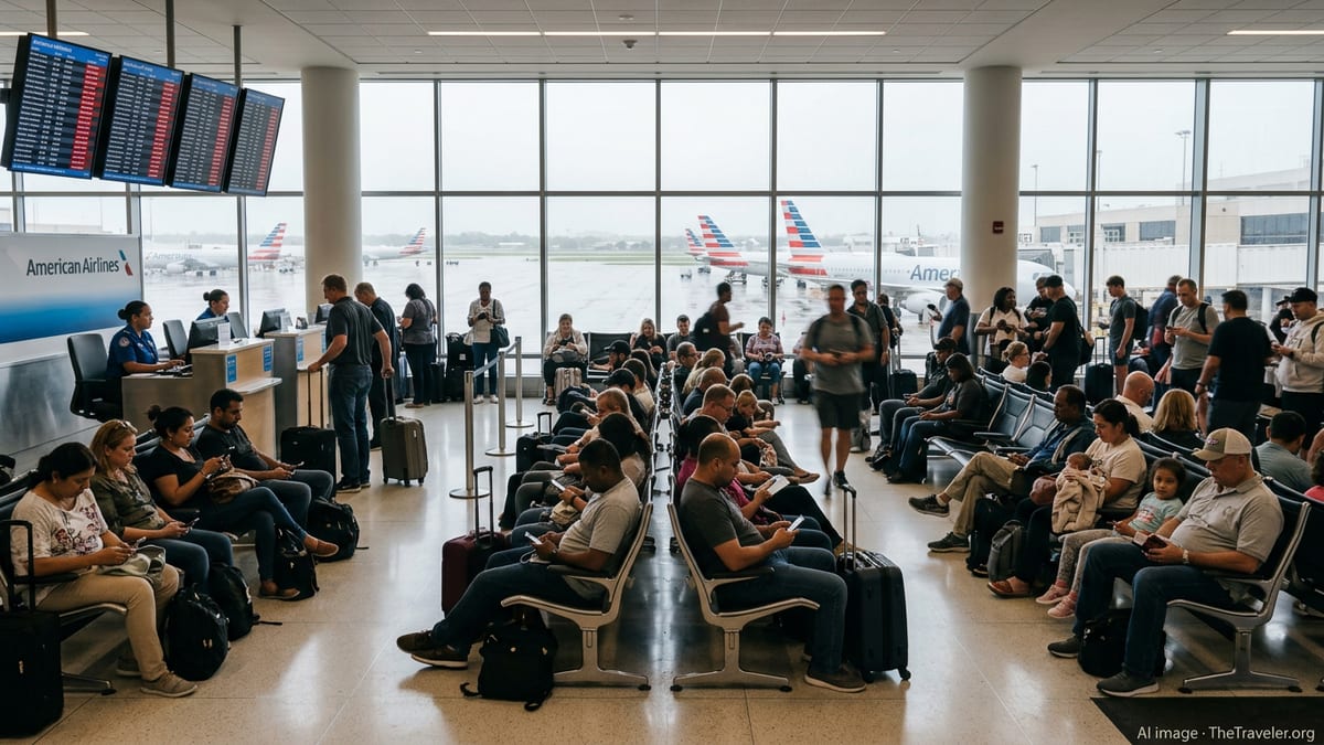 Crowded DFW terminal with passengers waiting amid widespread flight delays and cancellations.