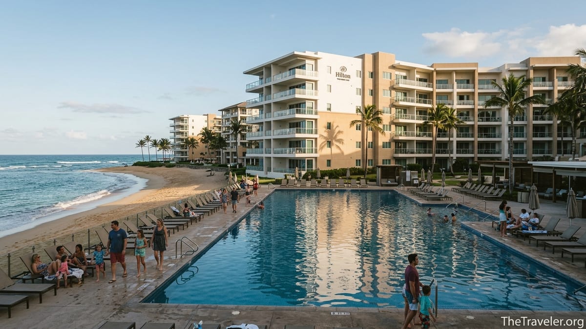 Beachfront condo-style resort with pool, palm trees and families enjoying the water at sunset