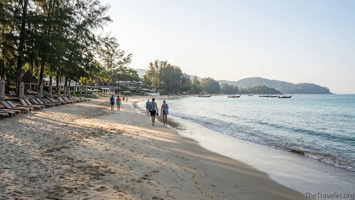 Early morning view along Bang Tao Beach in Phuket with gentle waves and a few people walking.