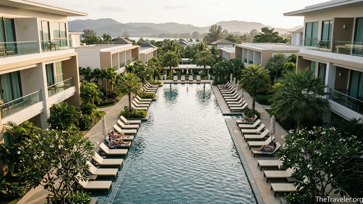 Central pool and modern low-rise buildings at Diamond Resort Phuket near Bang Tao Beach at sunset.