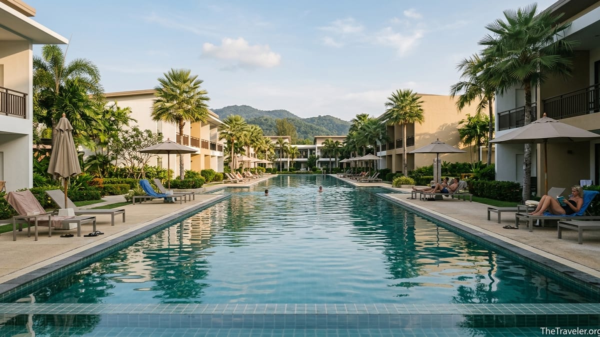Central pool and low rise buildings at Diamond Resort Phuket surrounded by palm trees at sunset.