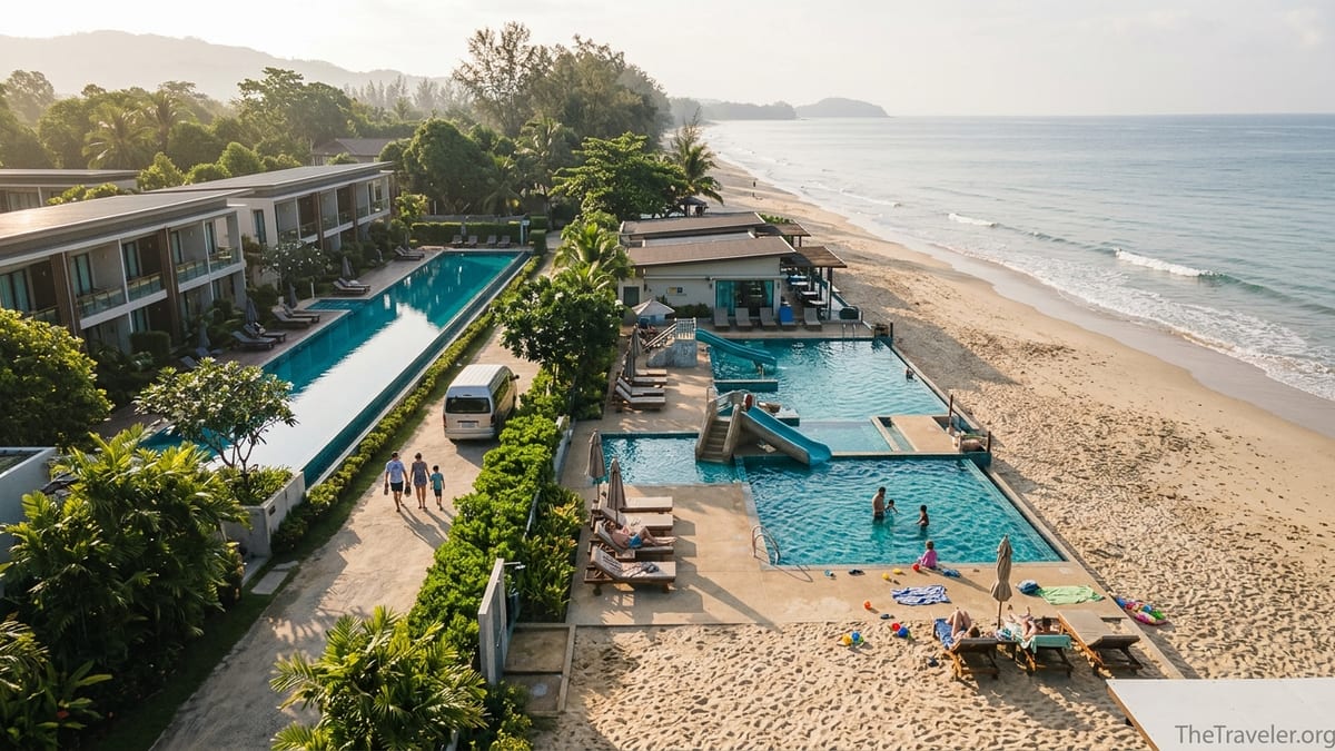 Aerial view of family resorts and pools beside Bangtao Beach in Phuket at sunrise.