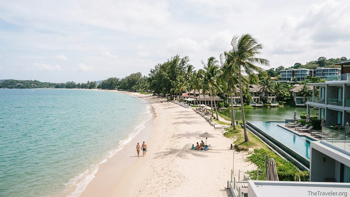 View of Bang Tao Beach with Laguna beachfront resorts and an inland suite-style resort in Phuket.