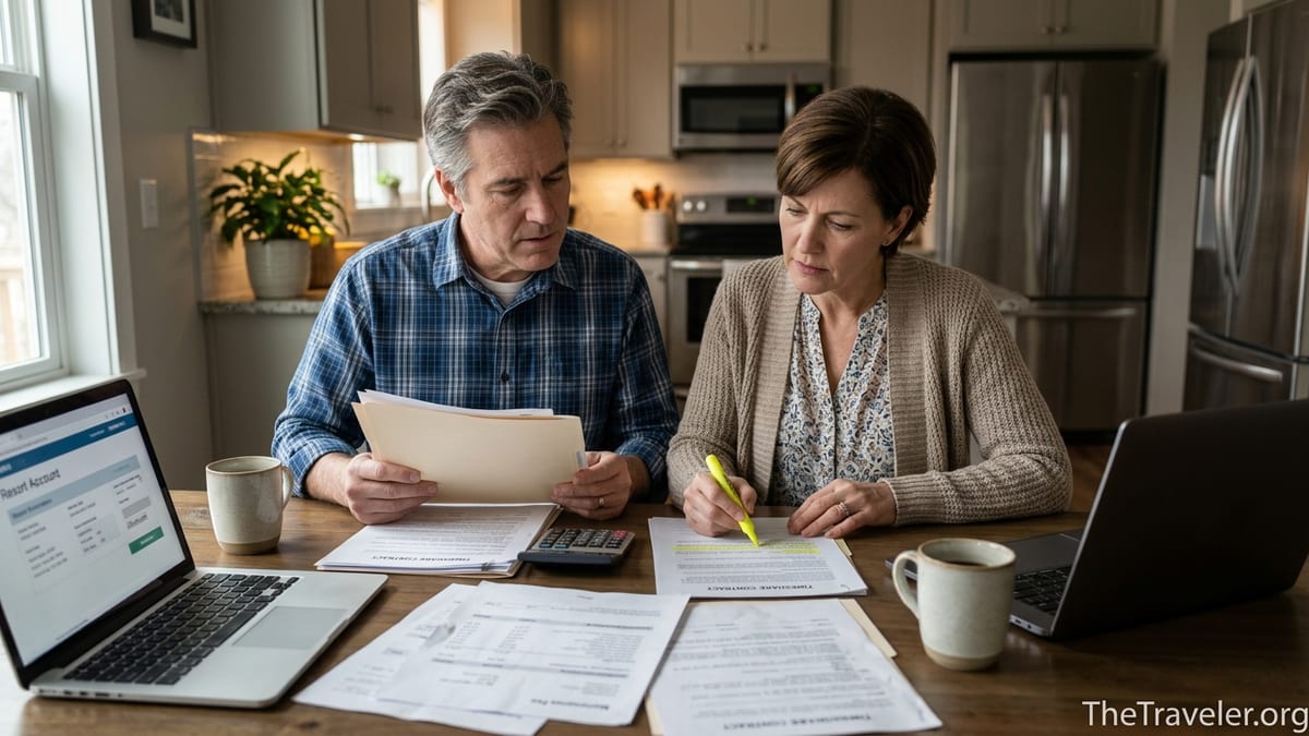 Couple reviewing timeshare cancellation documents at a kitchen table.