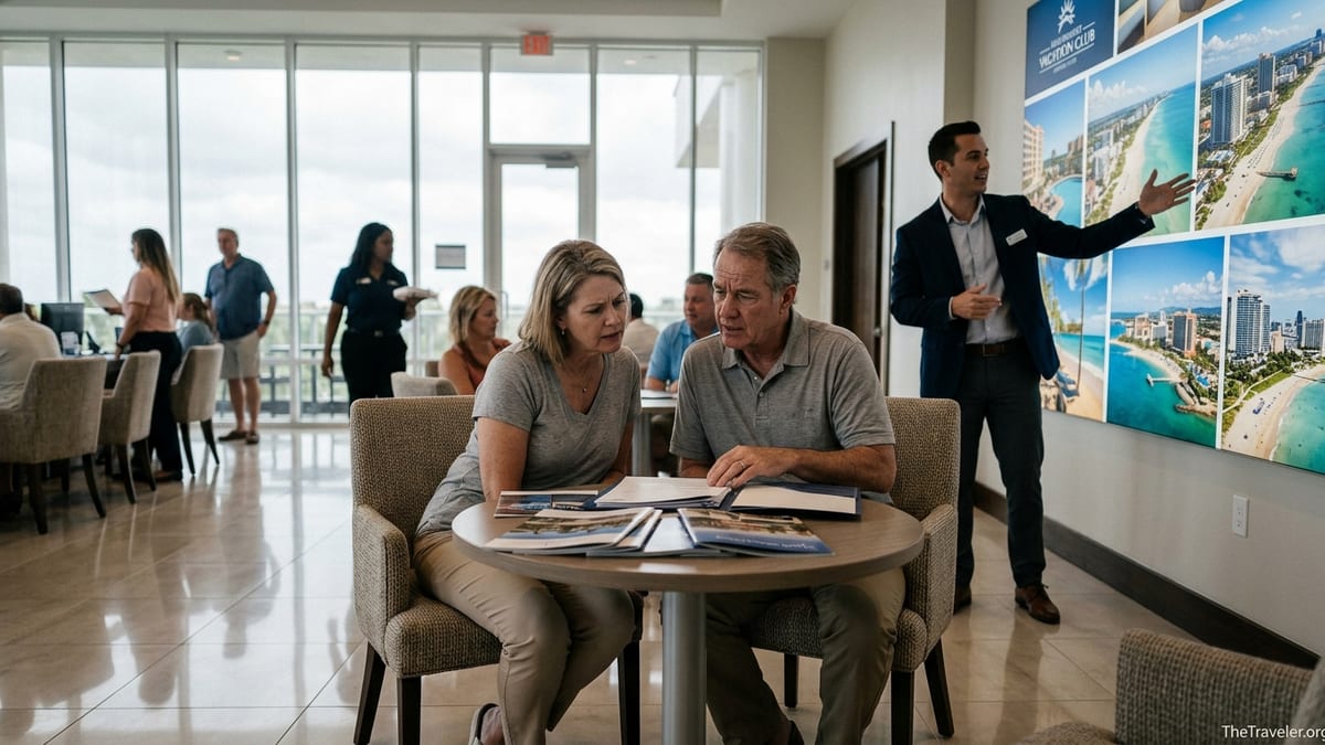 Concerned couple review timeshare paperwork with a resort sales agent in a bright lobby.