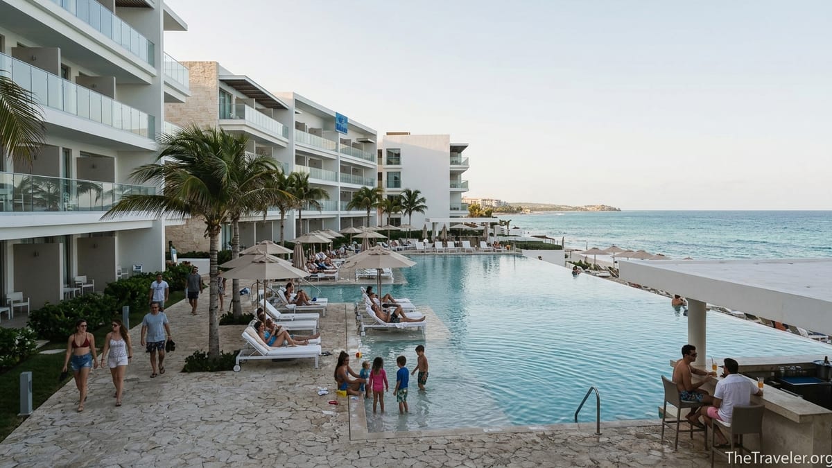 Beachfront Hilton-style vacation resort with infinity pool, palm trees, and guests relaxing at sunset.