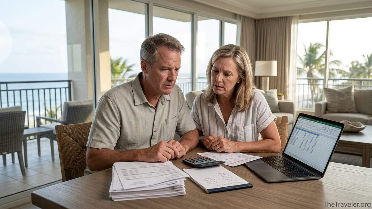 Couple in a vacation condo reviewing a stack of Diamond Resorts maintenance fee statements.