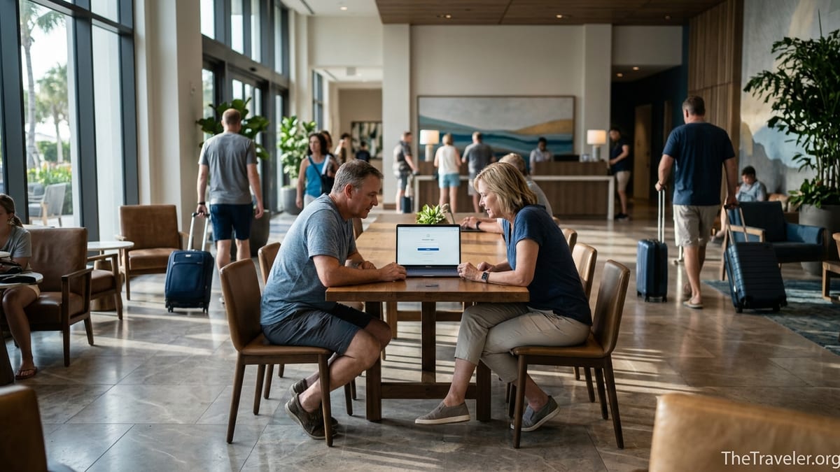 Couple in a resort lobby using a laptop to log in to their vacation ownership account.