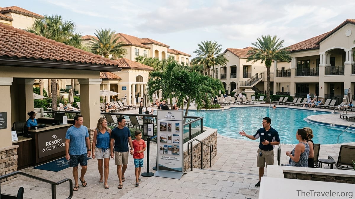 Guests walking past sales desk toward pool at a large Diamond Resorts style vacation property.