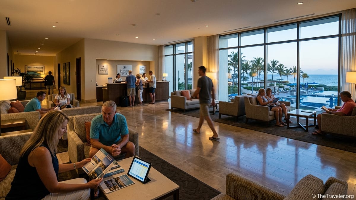 Couple reviewing Diamond Resorts timeshare documents in a Hilton Vacation Club lobby.