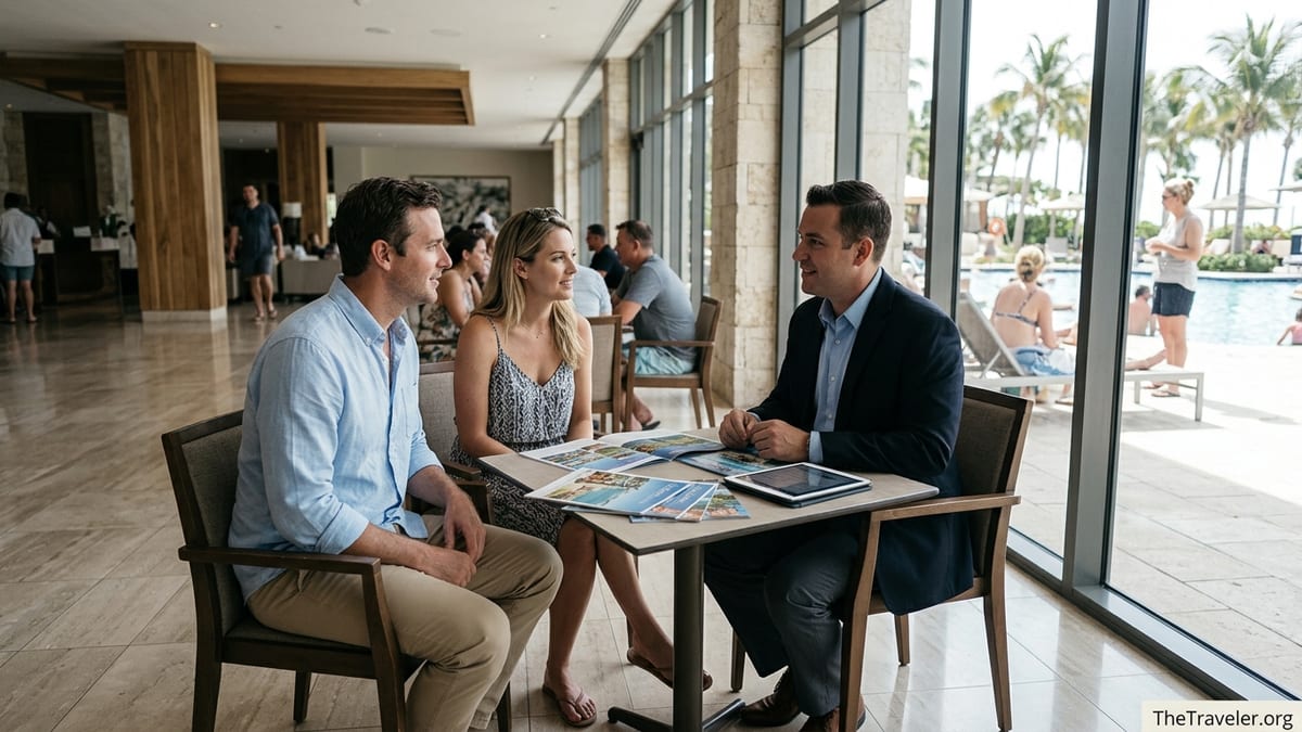 Couple talking with a resort representative about a timeshare in a bright hotel lobby