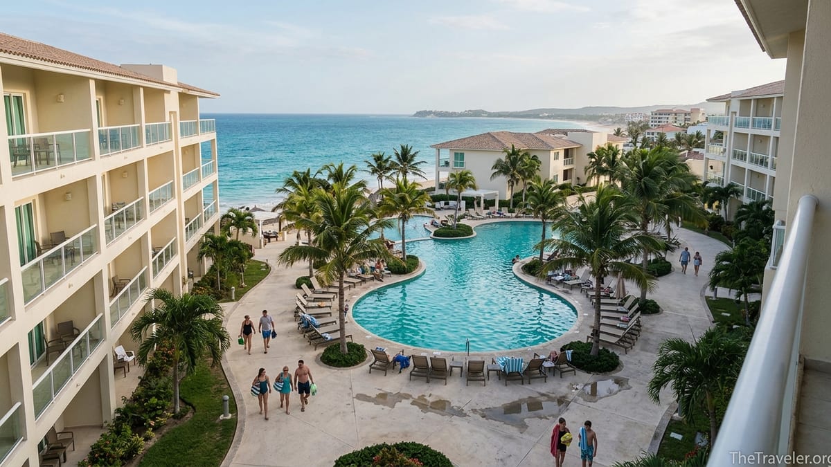 Beachfront resort with pool, palm trees, and mid-rise condo buildings overlooking turquoise water.