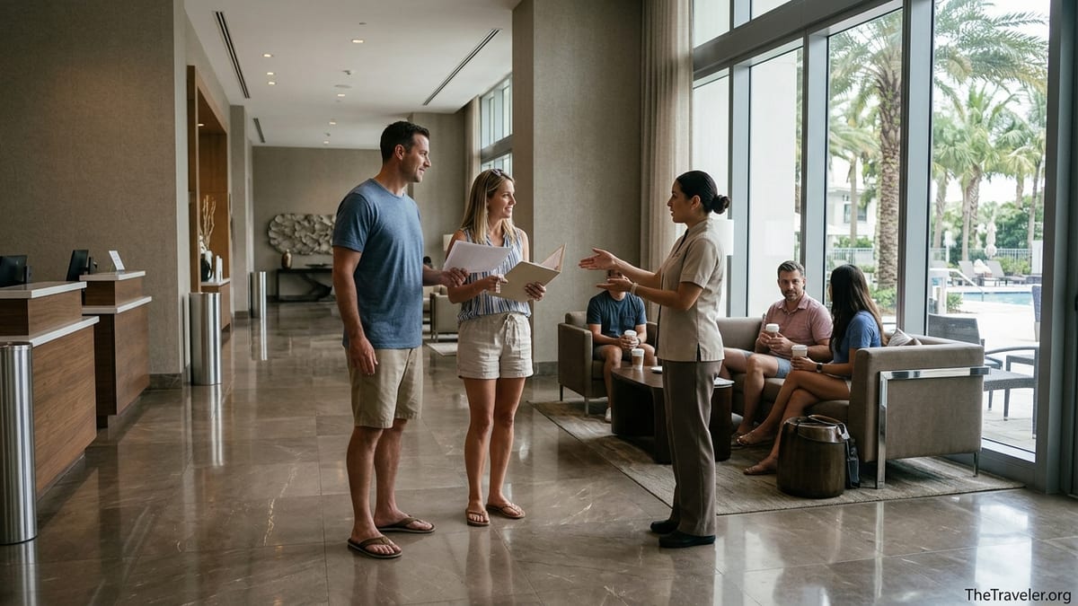 Couple checking in at a modern resort lobby for a discounted vacation package presentation.