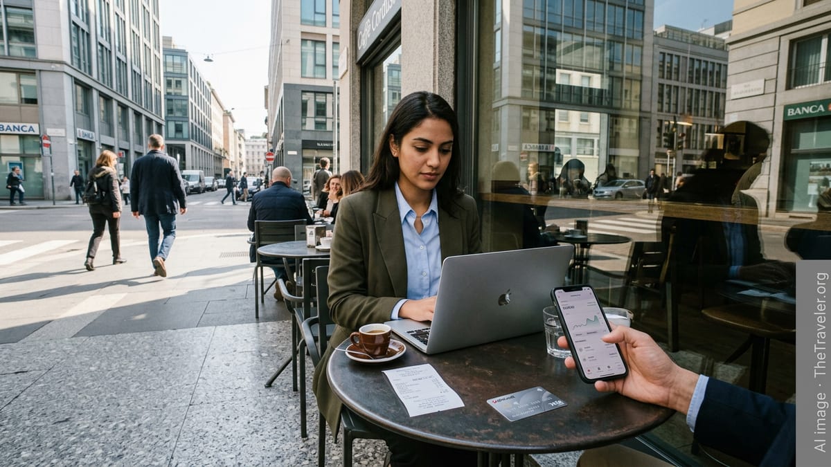 Expat in an Italian business district using a smartphone banking app at an outdoor café.