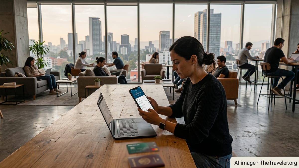 Expat checking a Mexican digital banking app on a smartphone in a modern Mexico City workspace.