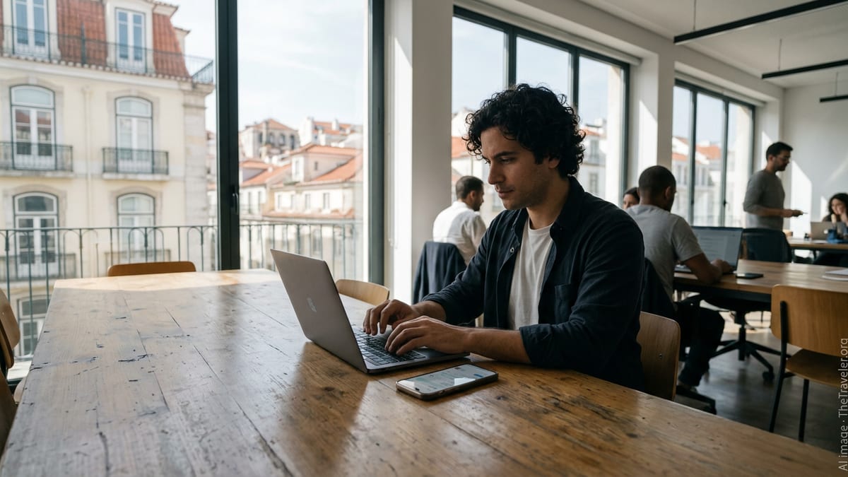 Expat in Lisbon using a mobile banking app on a smartphone and laptop in a modern coworking space.