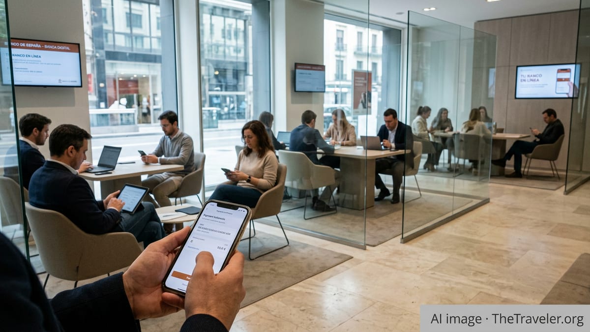 People in a modern Spanish bank lounge using phones and laptops for digital banking.